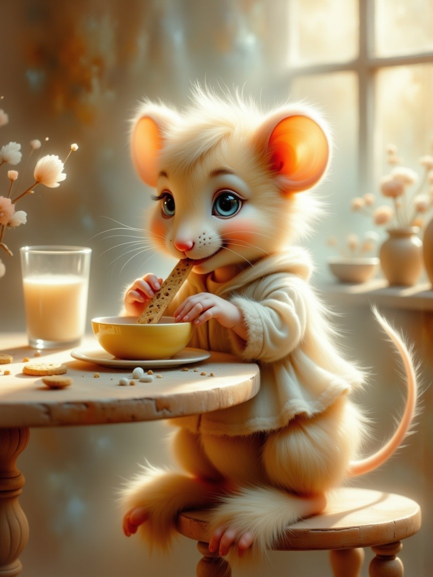 Fluffy Cartoon Mouse Enjoying a Snack in Cozy Room