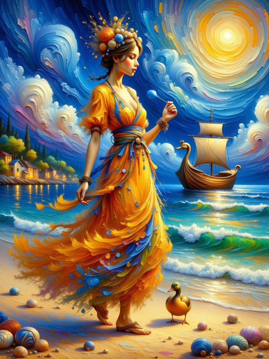Woman in Colorful Dress Walking on Beach with Duck