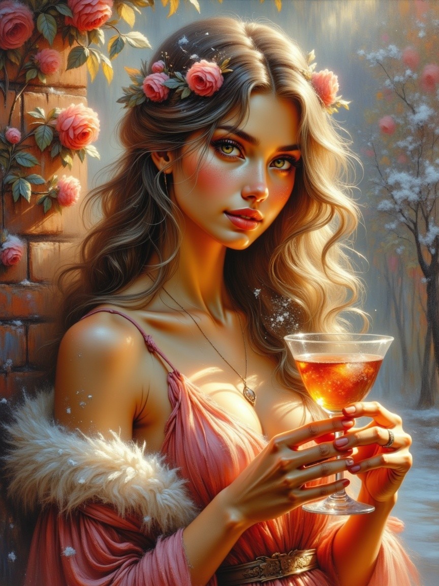 Woman in Pink Dress with Floral Accents and Scenic Background