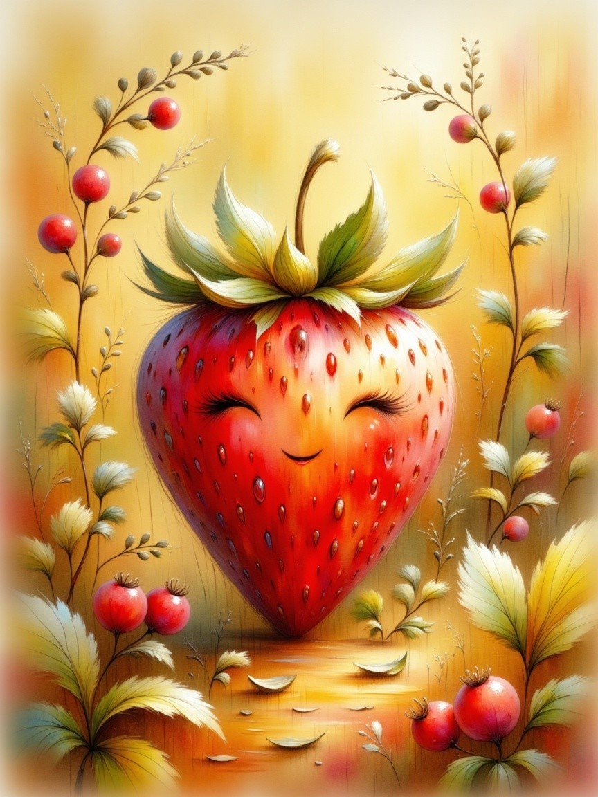 Cheerful Strawberry in a Whimsical Garden Setting