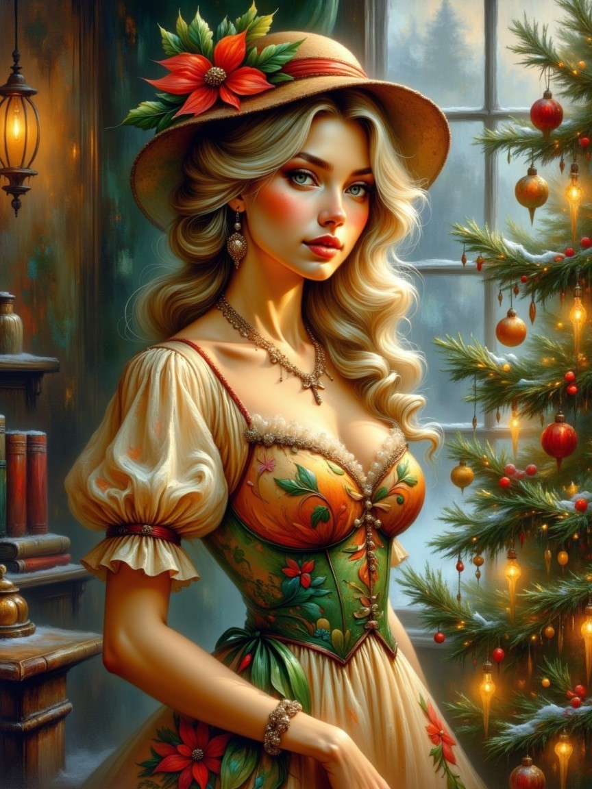 Intricate Oil Painting Portrait of Young Woman in Festive Attire