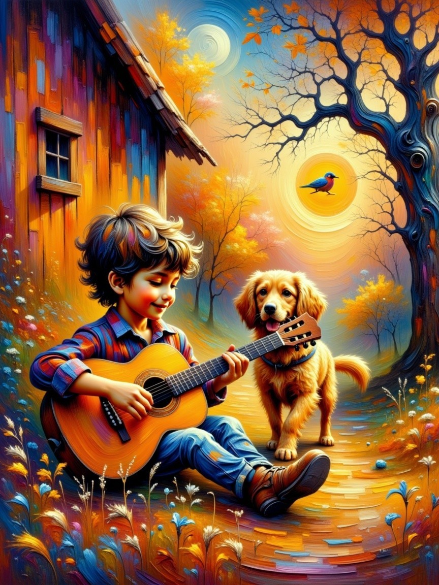 Young boy playing guitar outdoors with dog and trees