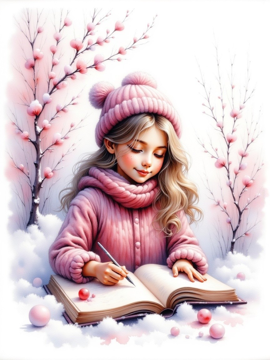 Young girl in pink attire writing in a book among clouds