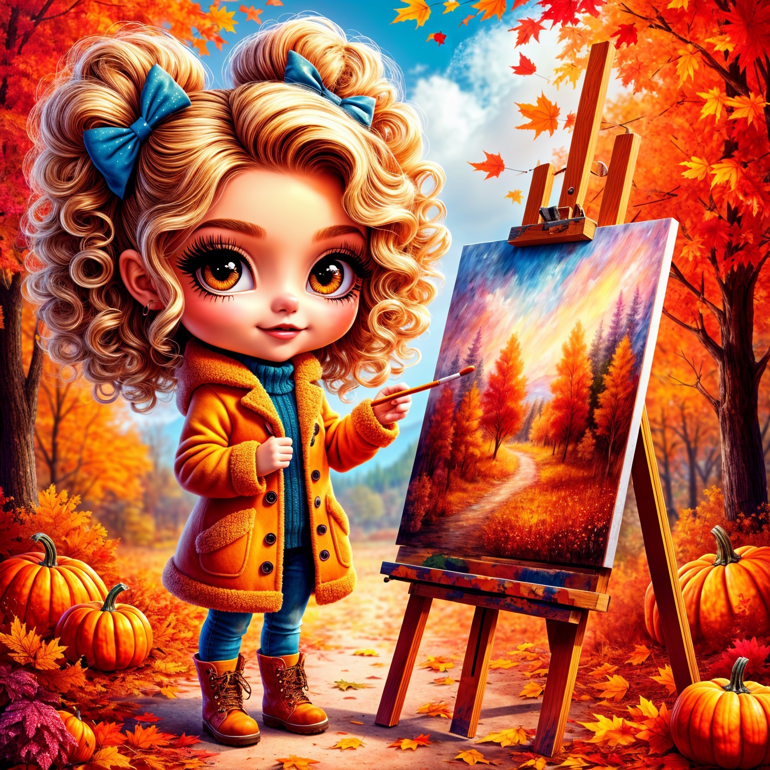Young Girl Painting Autumn Landscape with Pumpkins