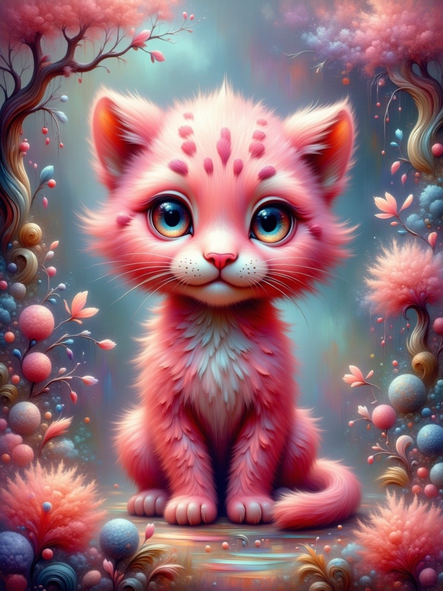 Whimsical Pink Kitten in Dreamy Colorful Setting