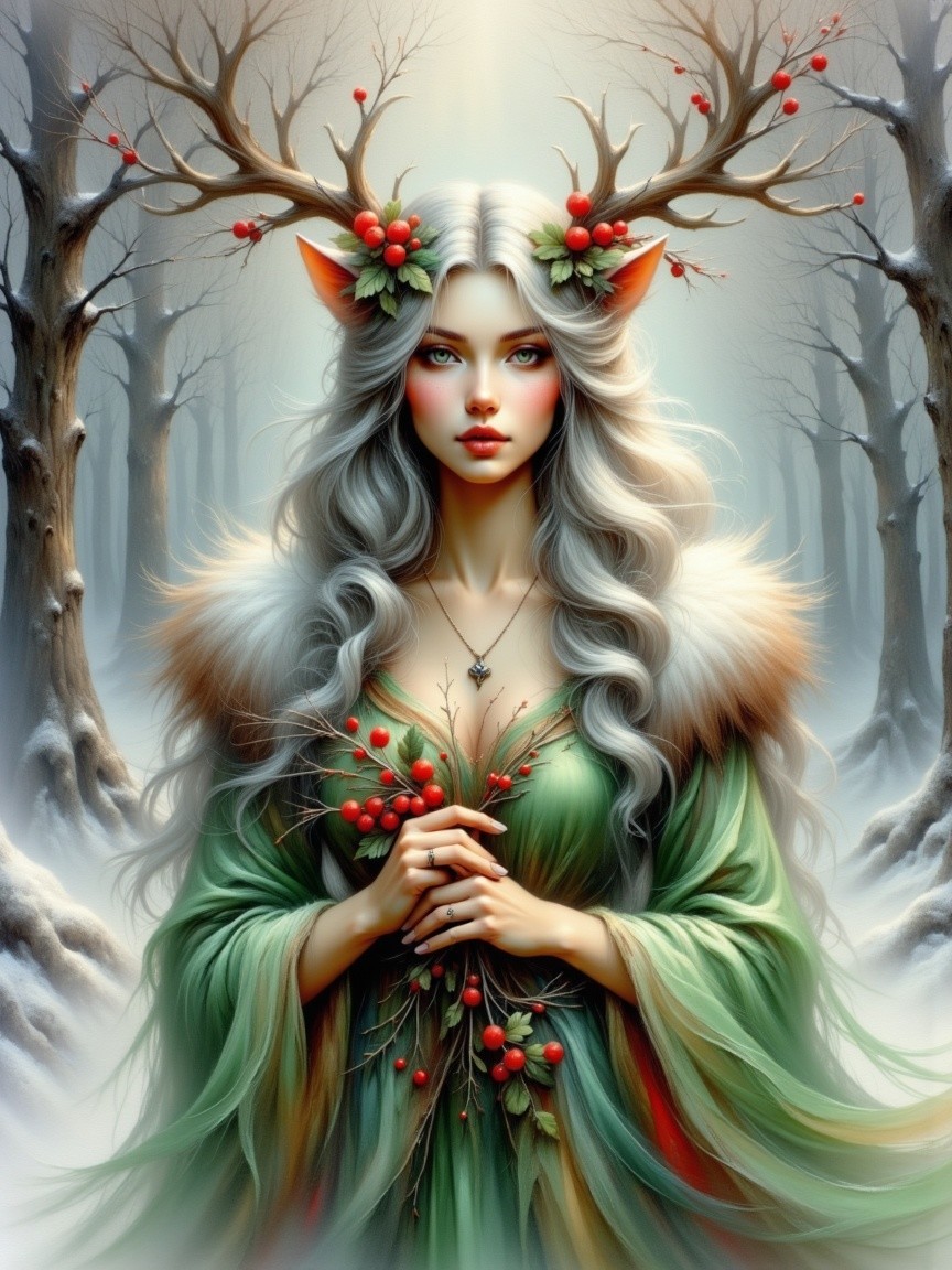 Mythical Elf Woman Portrait in Winter Forest Setting