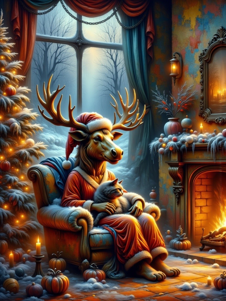 Whimsical Holiday Scene with Moose and Cat in Armchair