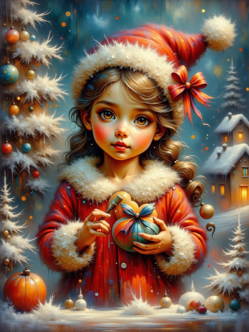 Young girl in Santa hat with holiday decorations