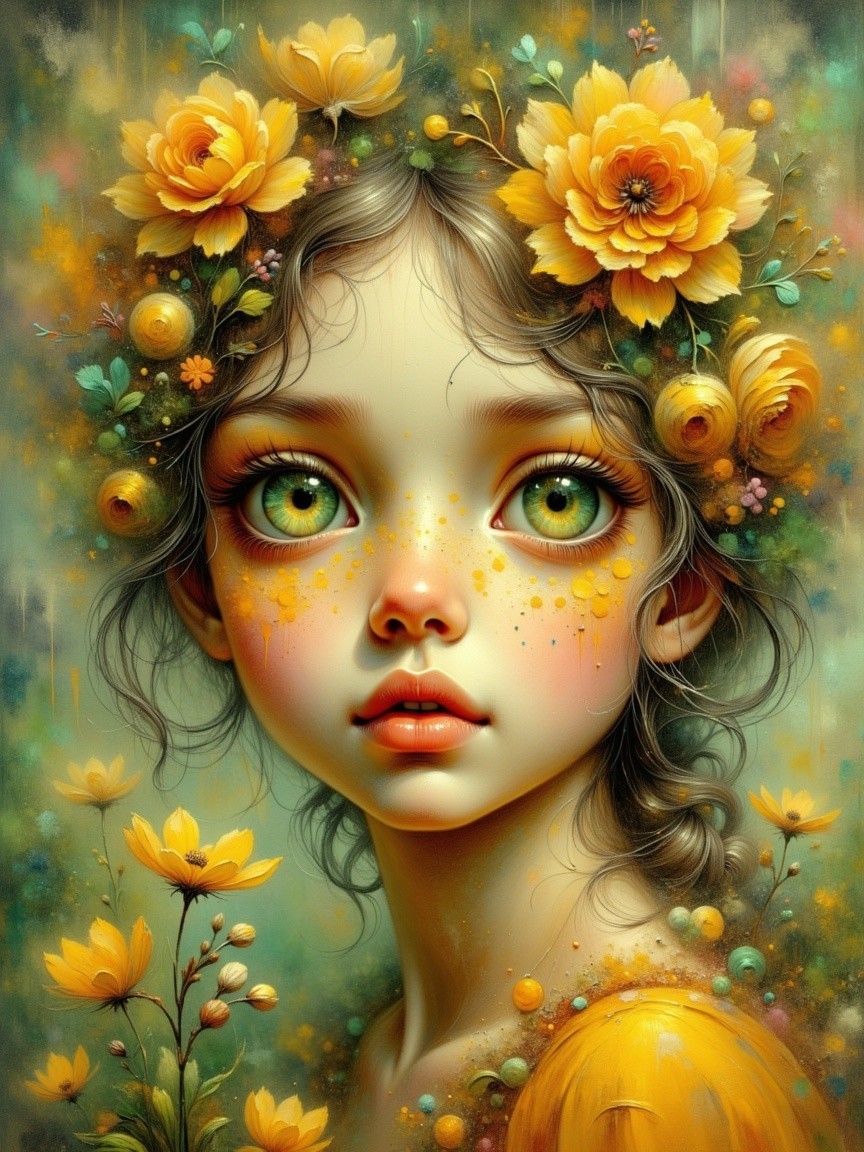 Whimsical Portrait of a Girl with Green Eyes and Flowers