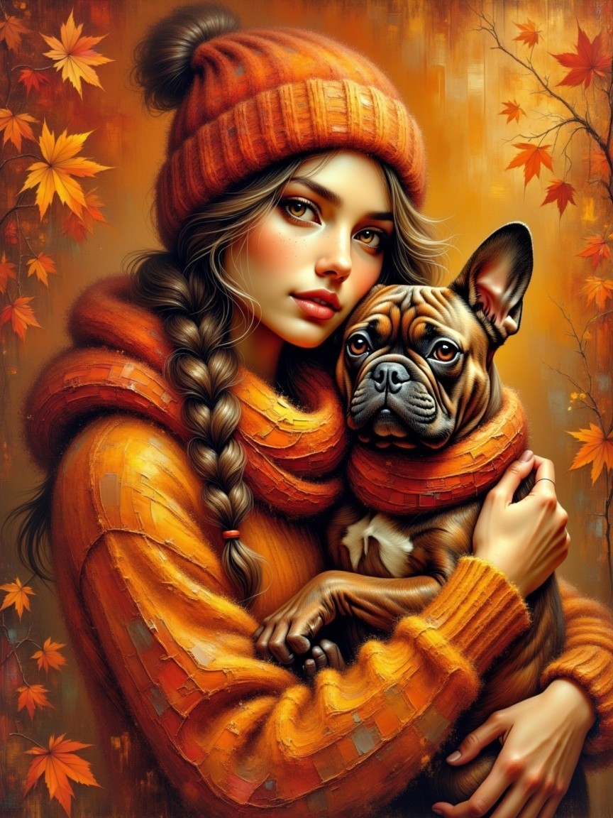 Cozy Autumn Scene with Woman and French Bulldog