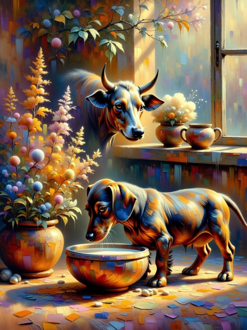 Vibrant Dachshund and Floating Cow in Artistic Setting