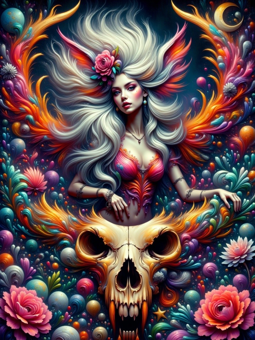 Surreal Artwork of Mystical Woman with Floral Patterns