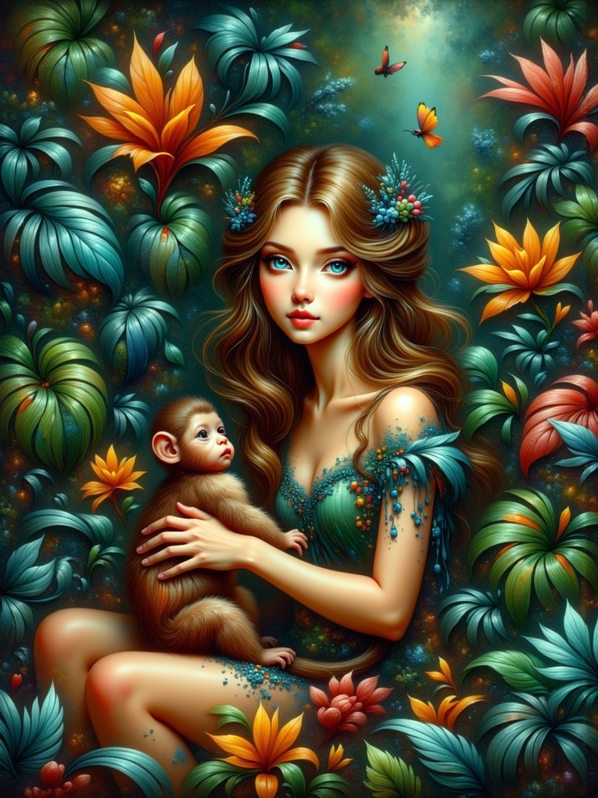 Young Woman with Monkey in a Mystical Garden