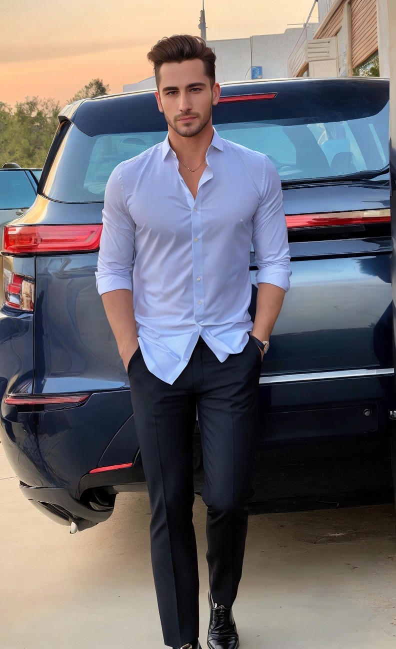 Well-Dressed Man in Light Blue Shirt at Twilight