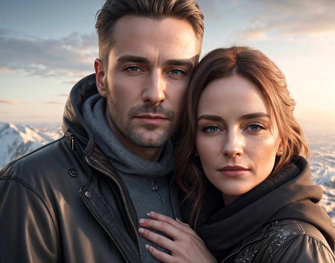 Close-Up of Embracing Couple with Mountain Sunset