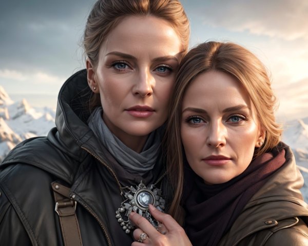 Twins in Winter Attire with Mountain Backdrop