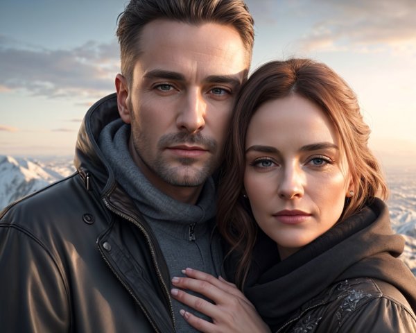 Close-Up of Embracing Couple with Mountain Sunset