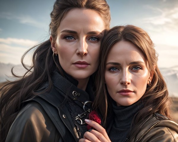 Twins with Blue Eyes and Brown Hair in Nature Setting