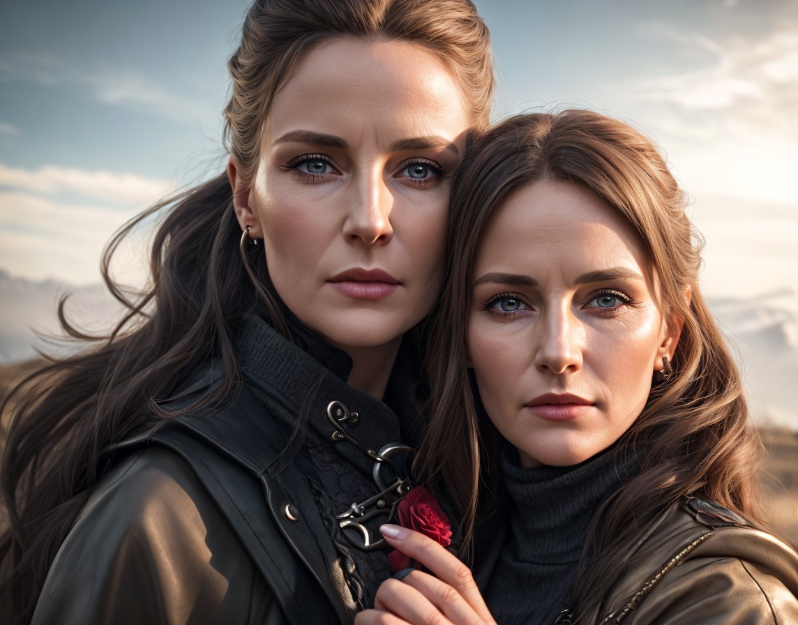 Twins with Blue Eyes and Brown Hair in Nature Setting