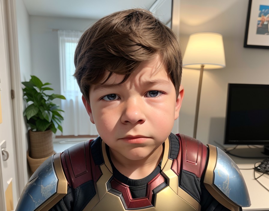 Young boy in superhero costume indoors with lamp and TV