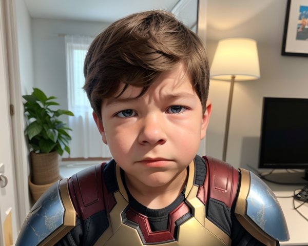Young boy in superhero costume indoors with lamp and TV