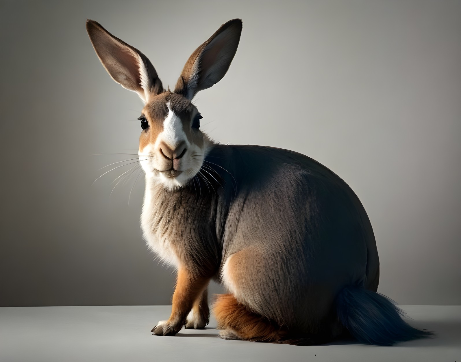 Large rabbit with tan, white, and dark fur against neutral background