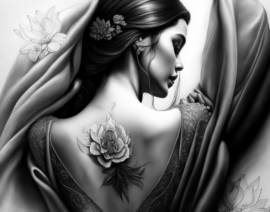 Graceful Woman with Floral Tattoos and Elegant Drapery