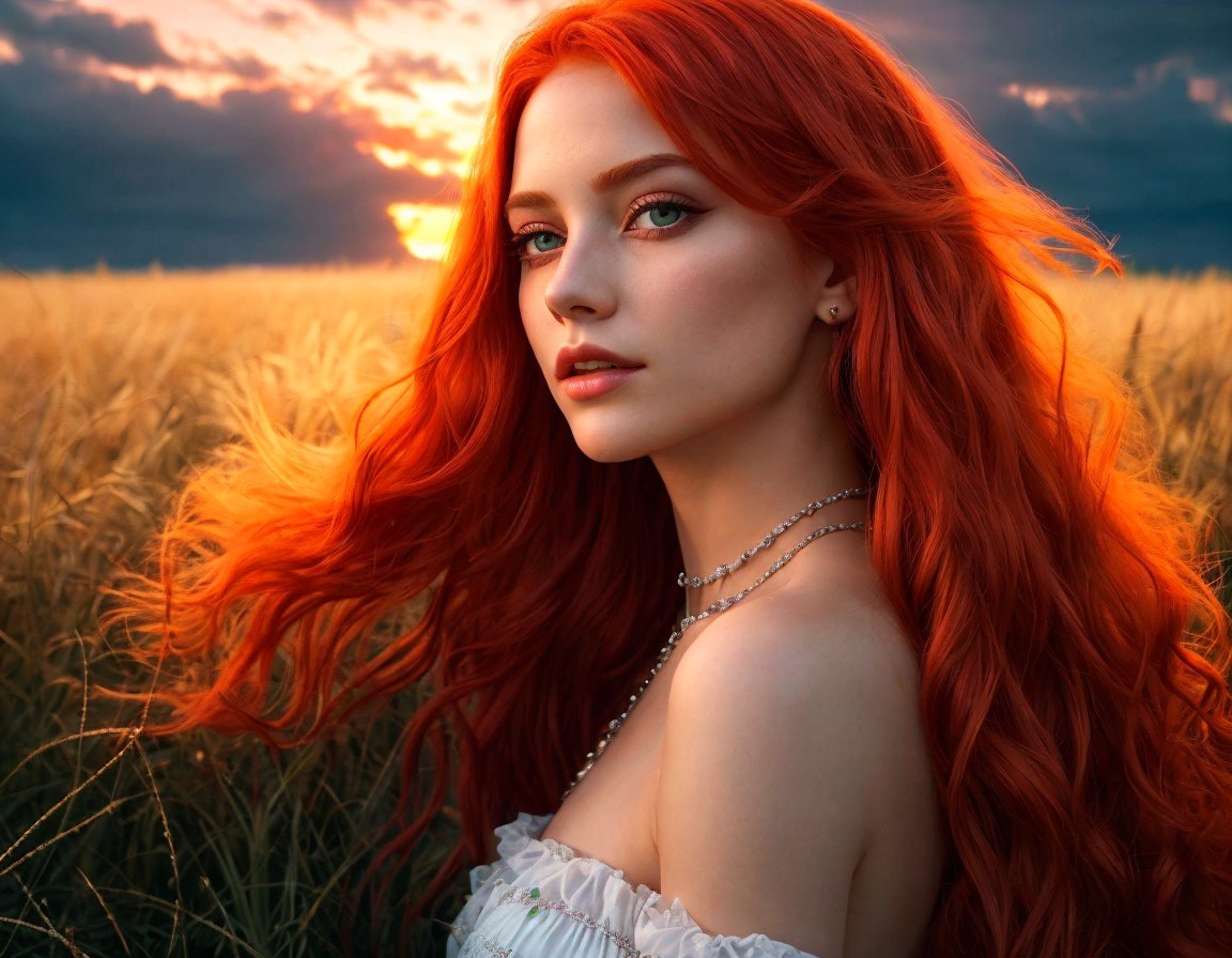 Woman with Red Hair in Wheat Field at Sunset