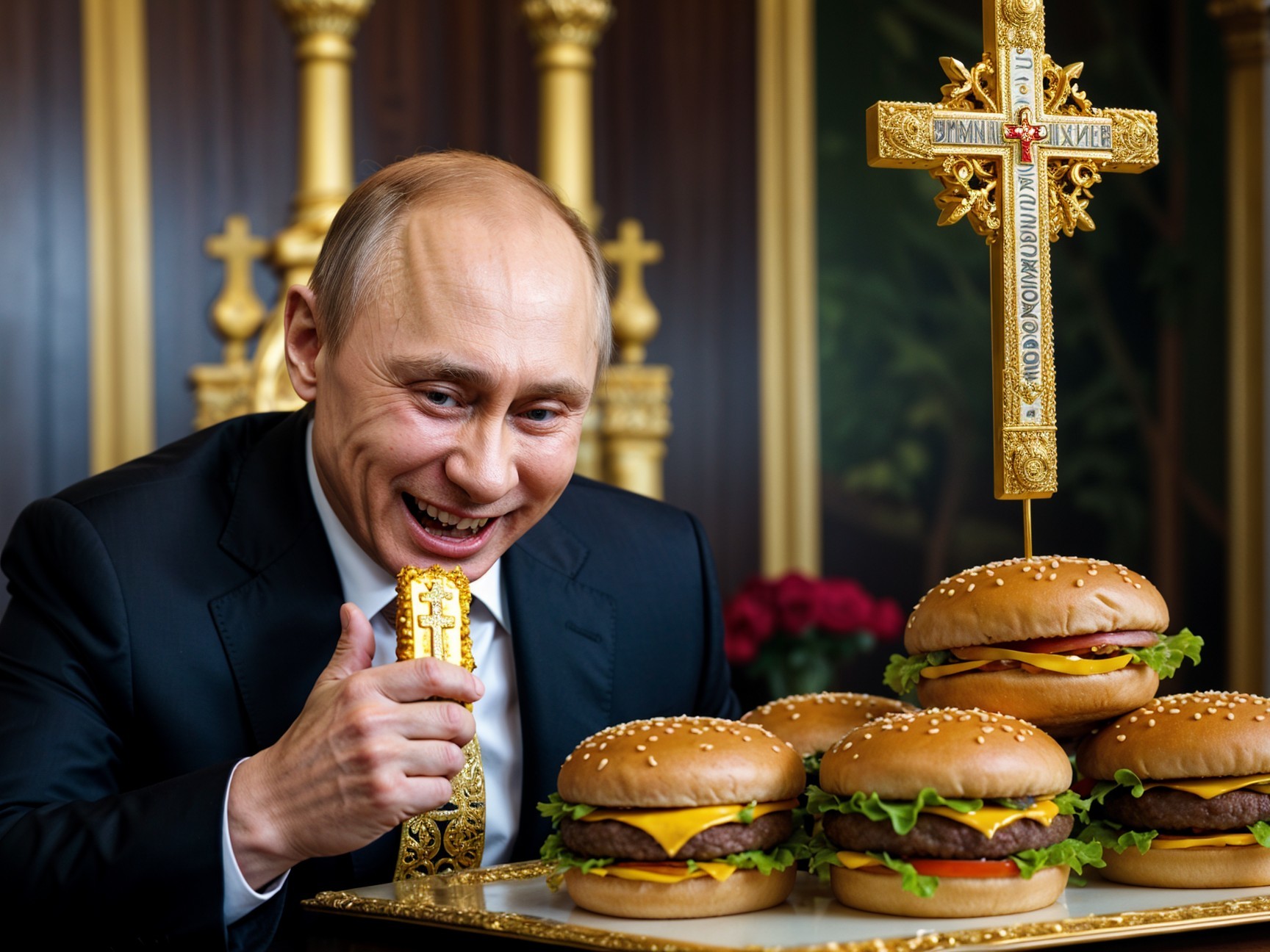 Man in Suit with Gold Object and Burger Platter
