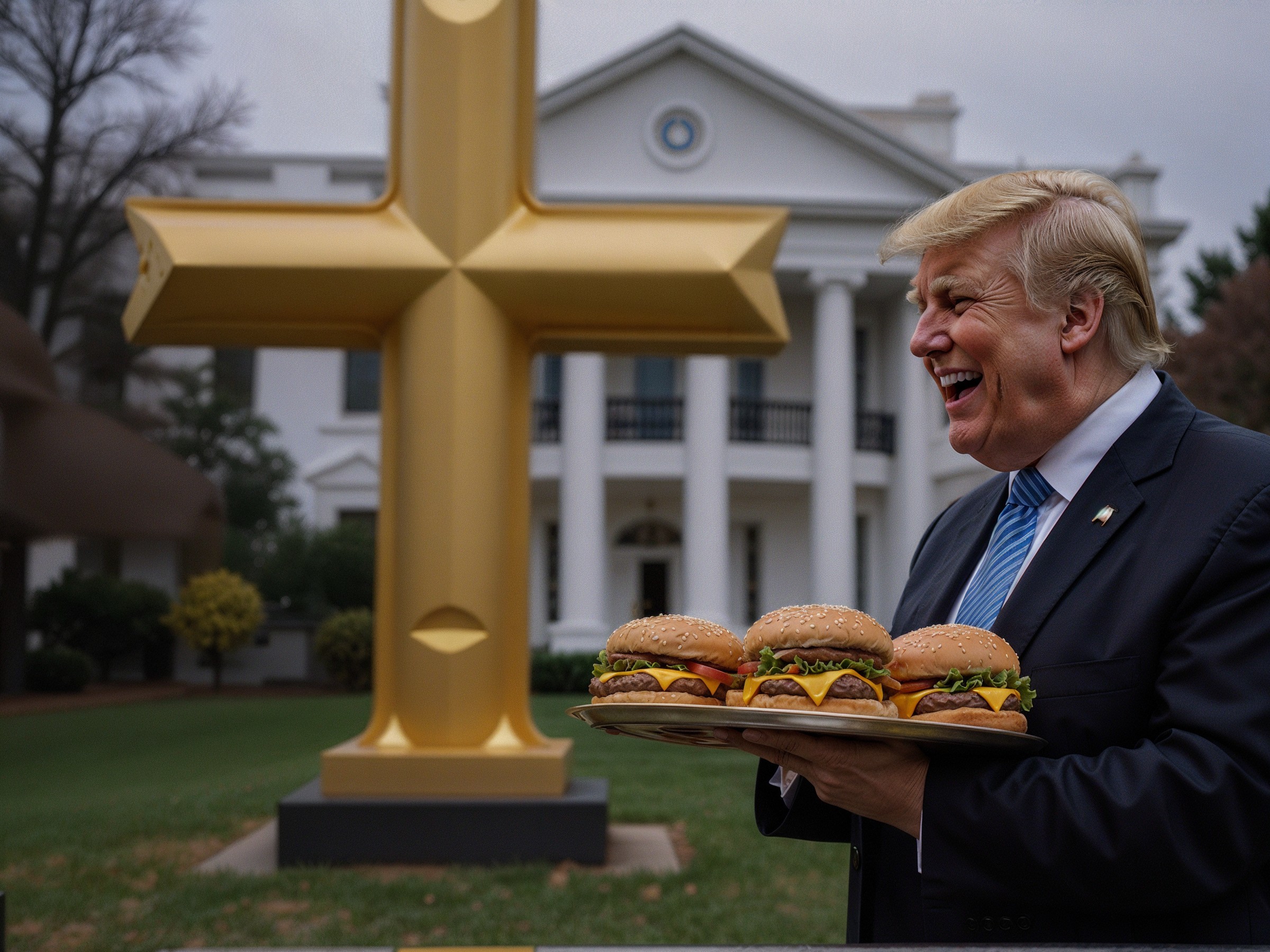 Man with Burgers in Front of Golden Cross and Building