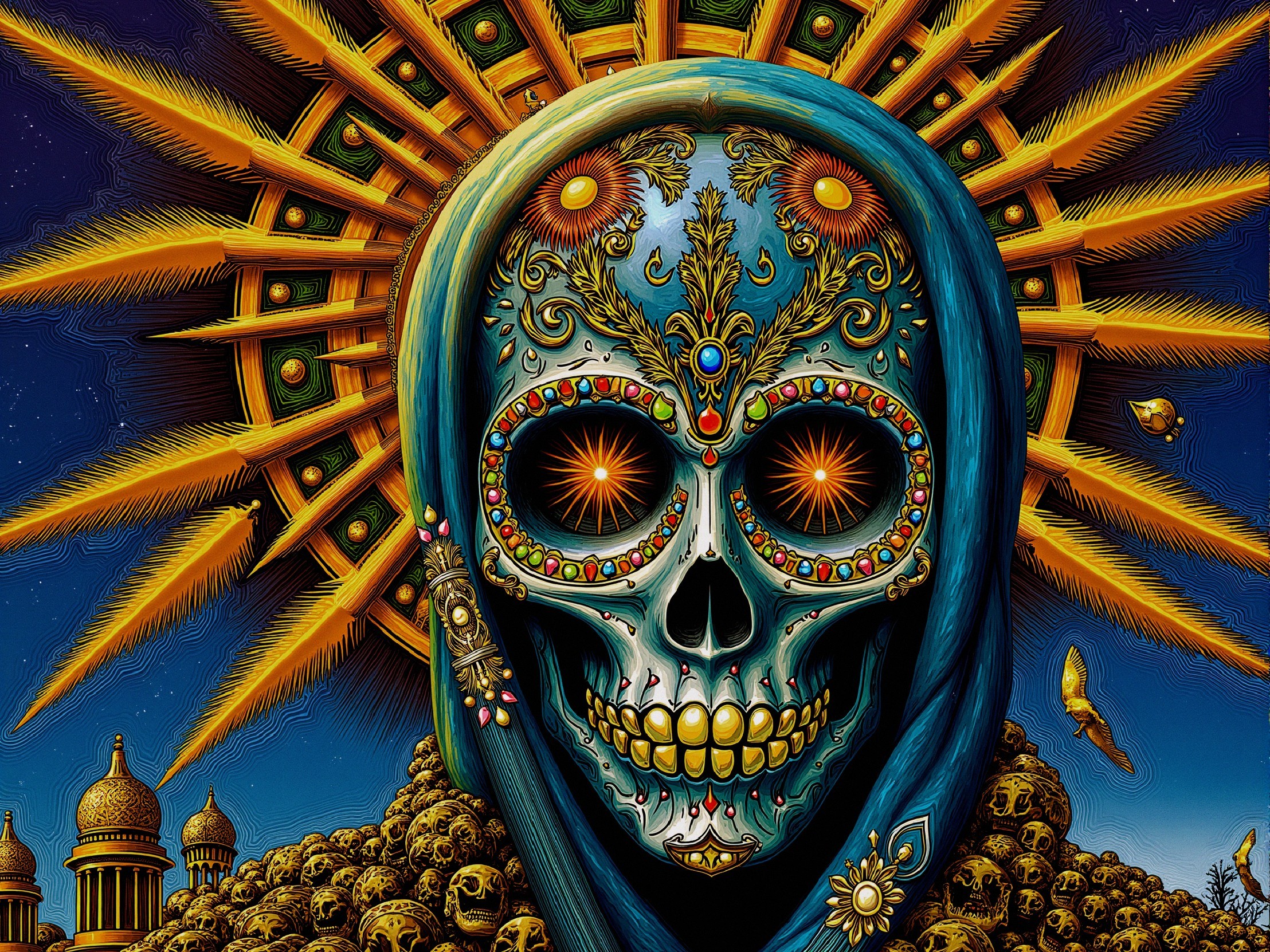 Colorful Skull Design with Nature and Architecture Elements