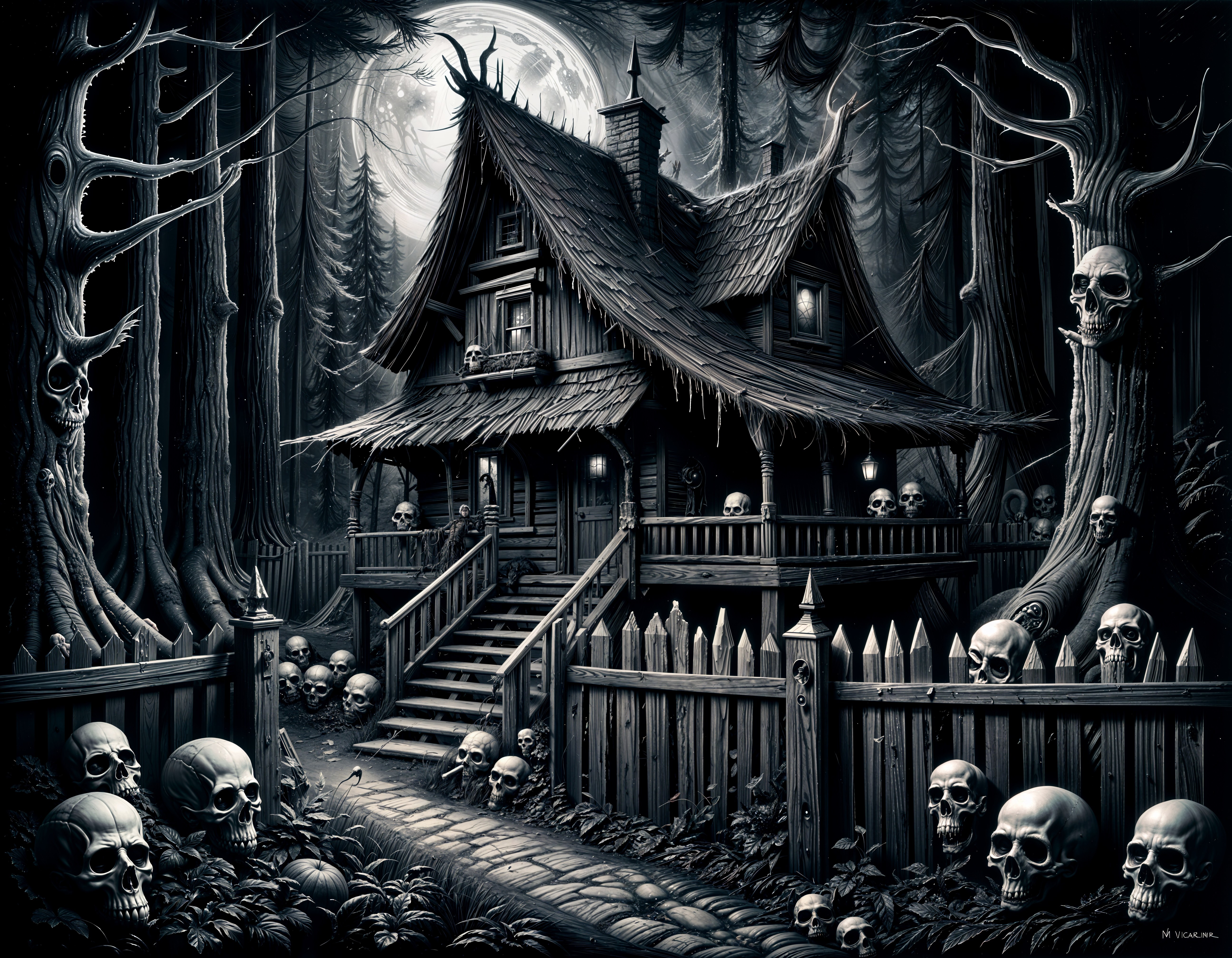 Eerie Rustic House Surrounded by Dark Trees and Skulls