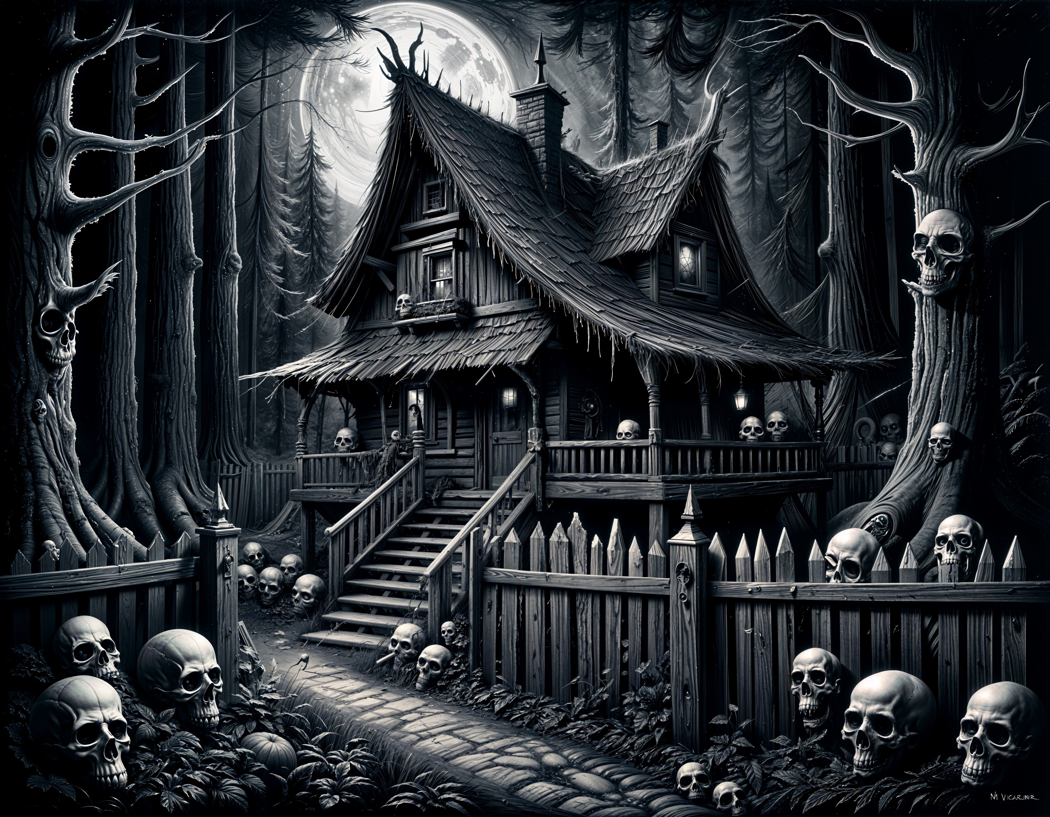 Haunting Wooden Cabin in a Dark Forest Setting