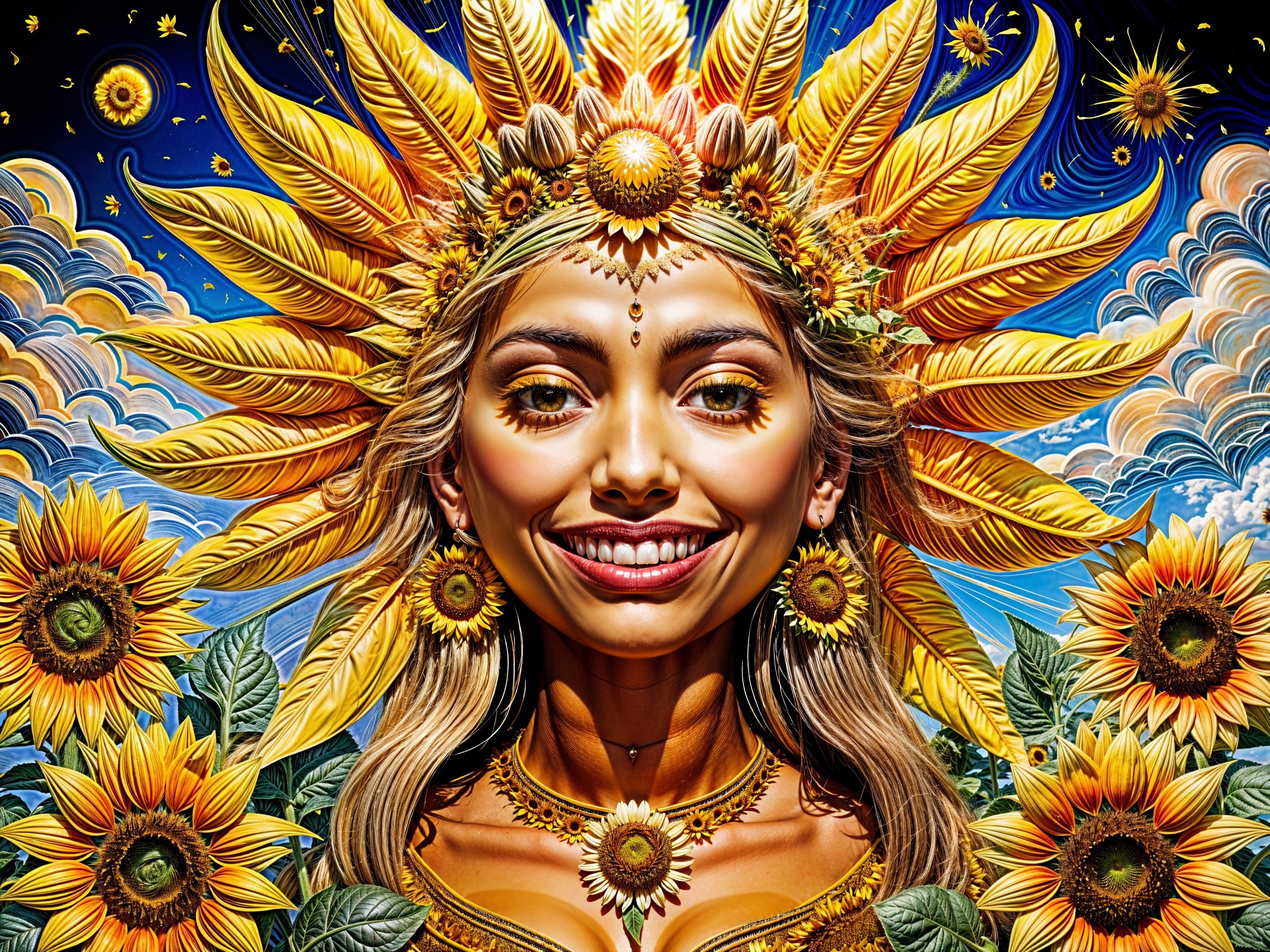 Radiant woman with sunflower crown and cosmic background
