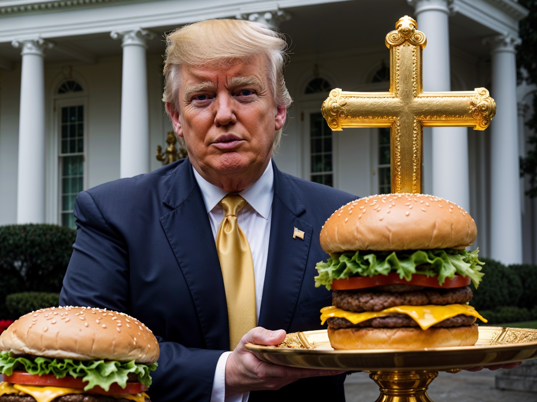 Man in Suit with Hamburger on Tray and Cross Symbol