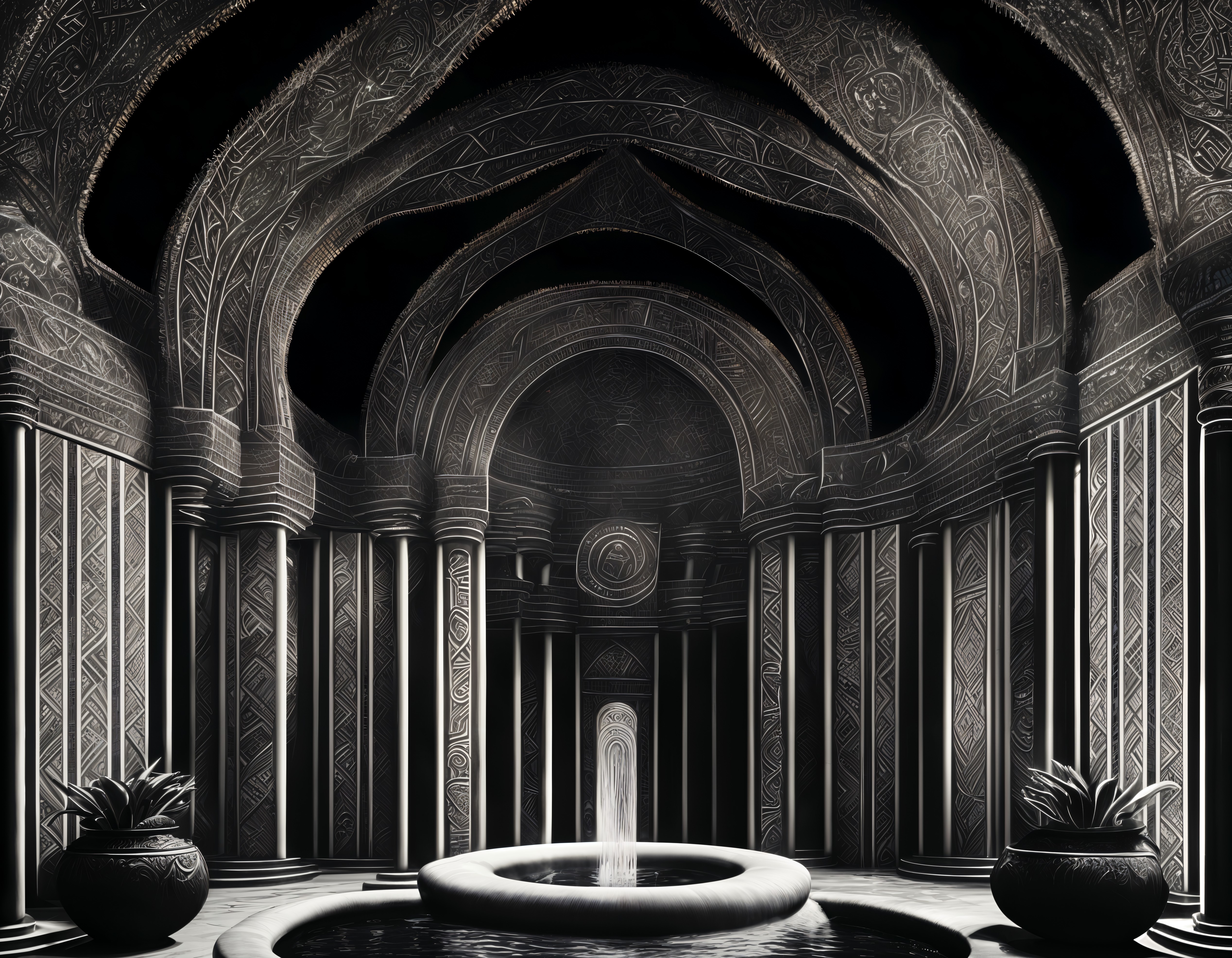 Intricate Palace Interior with Arched Ceilings and Fountain