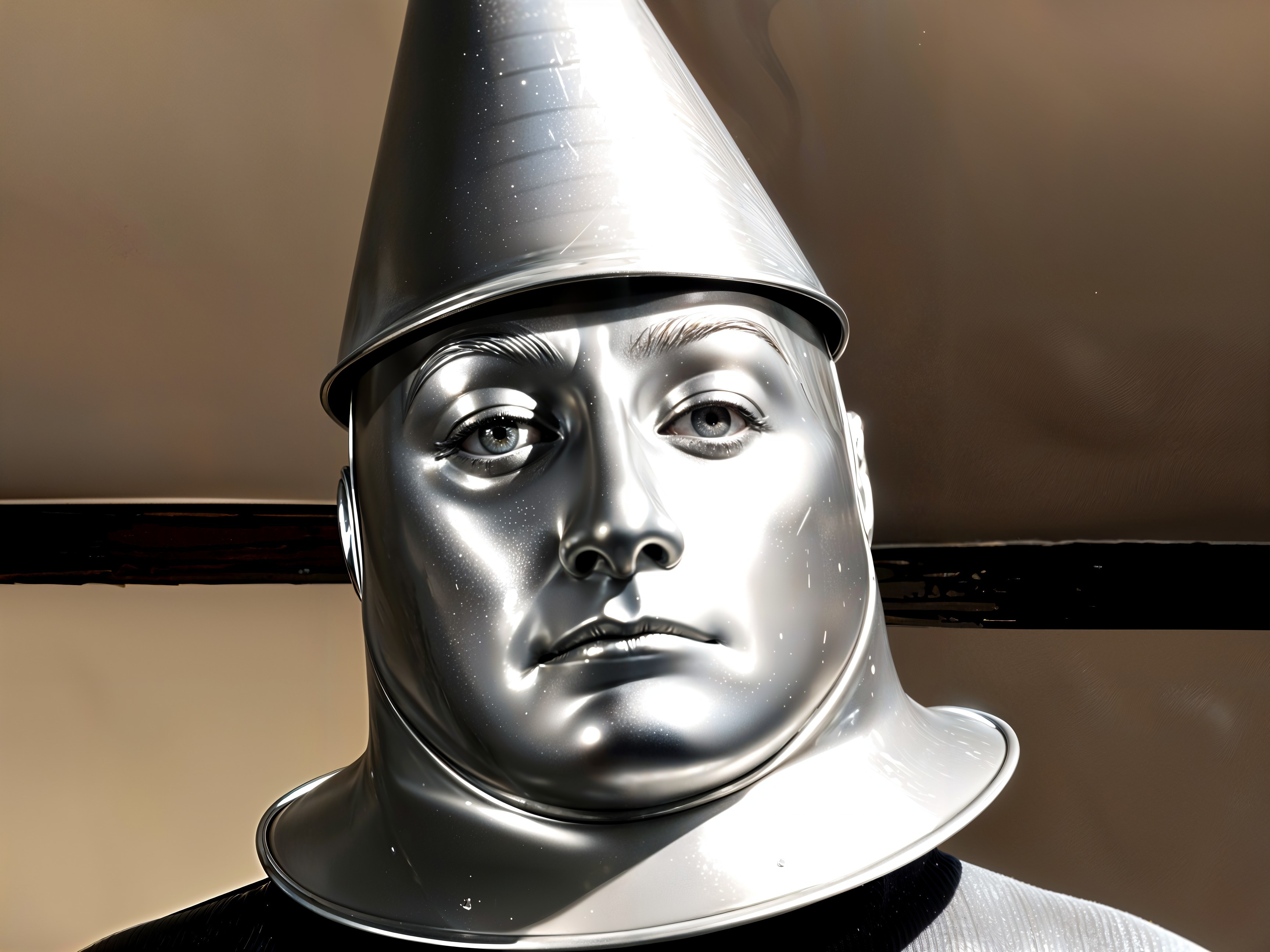 Metallic Figure with Conical Hat in Neutral Background