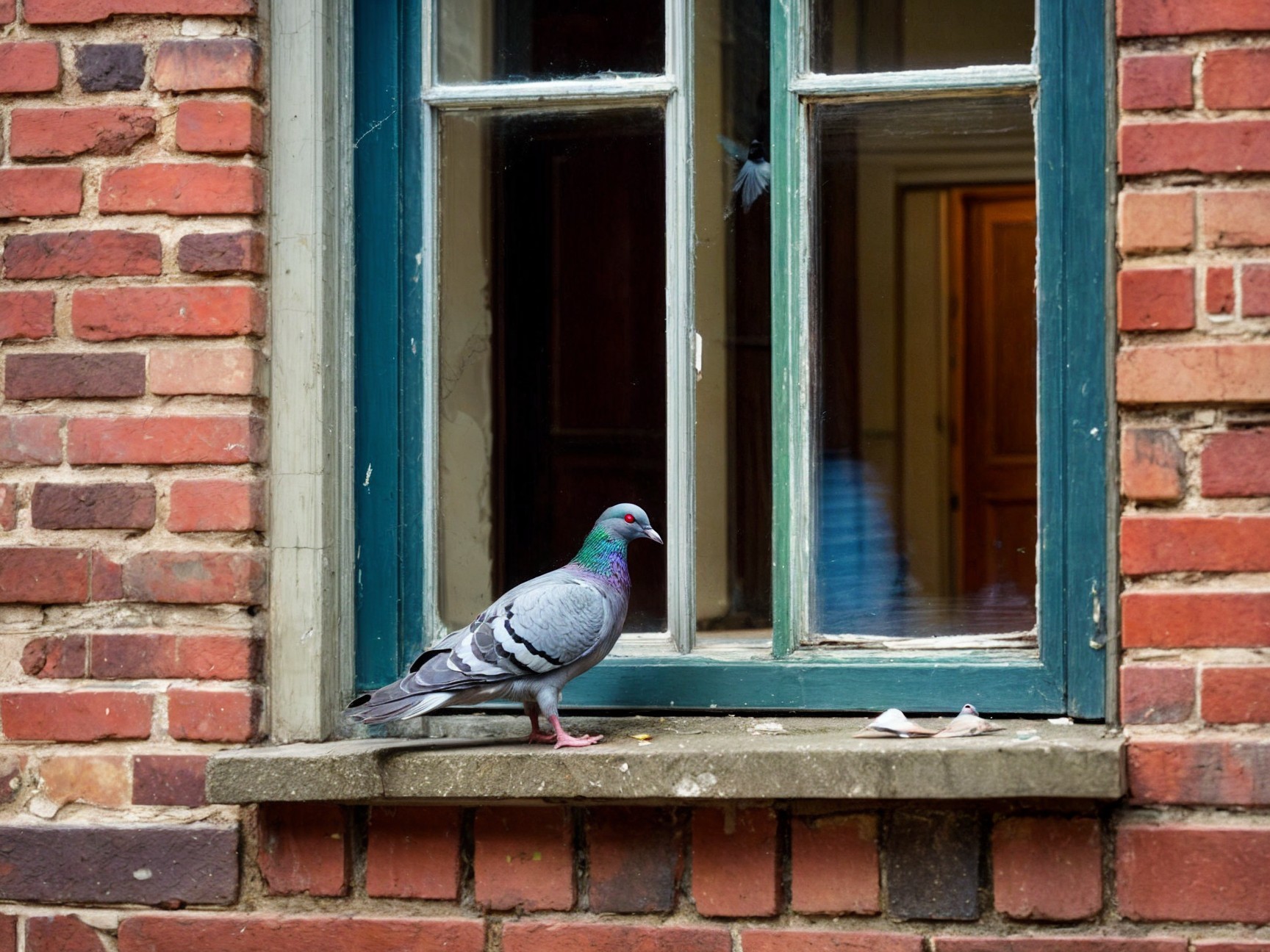 Pigeon on Ledge of Old Brick Building with Open Window