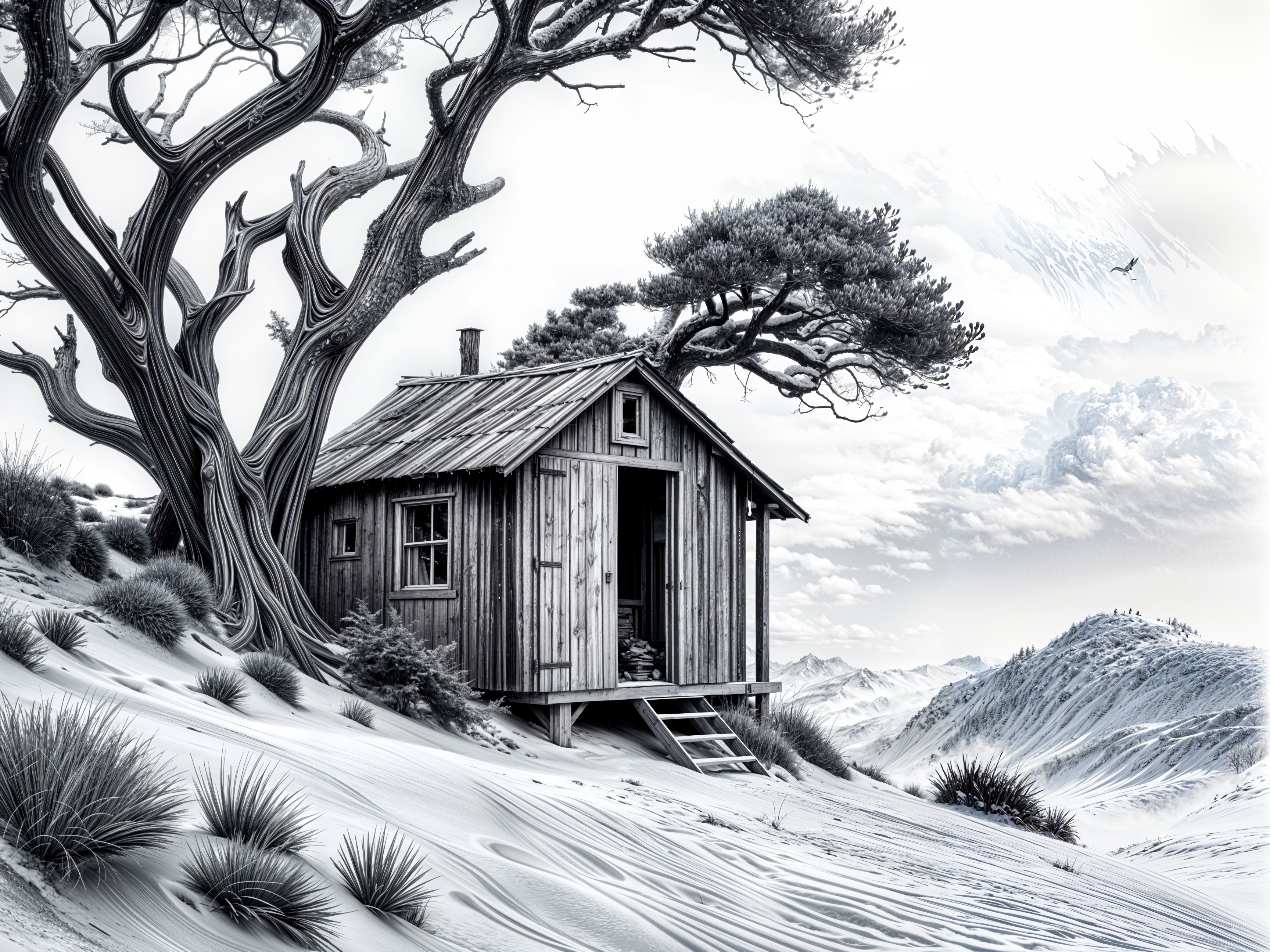Rustic Wooden Cabin in Scenic Sand Dunes Landscape