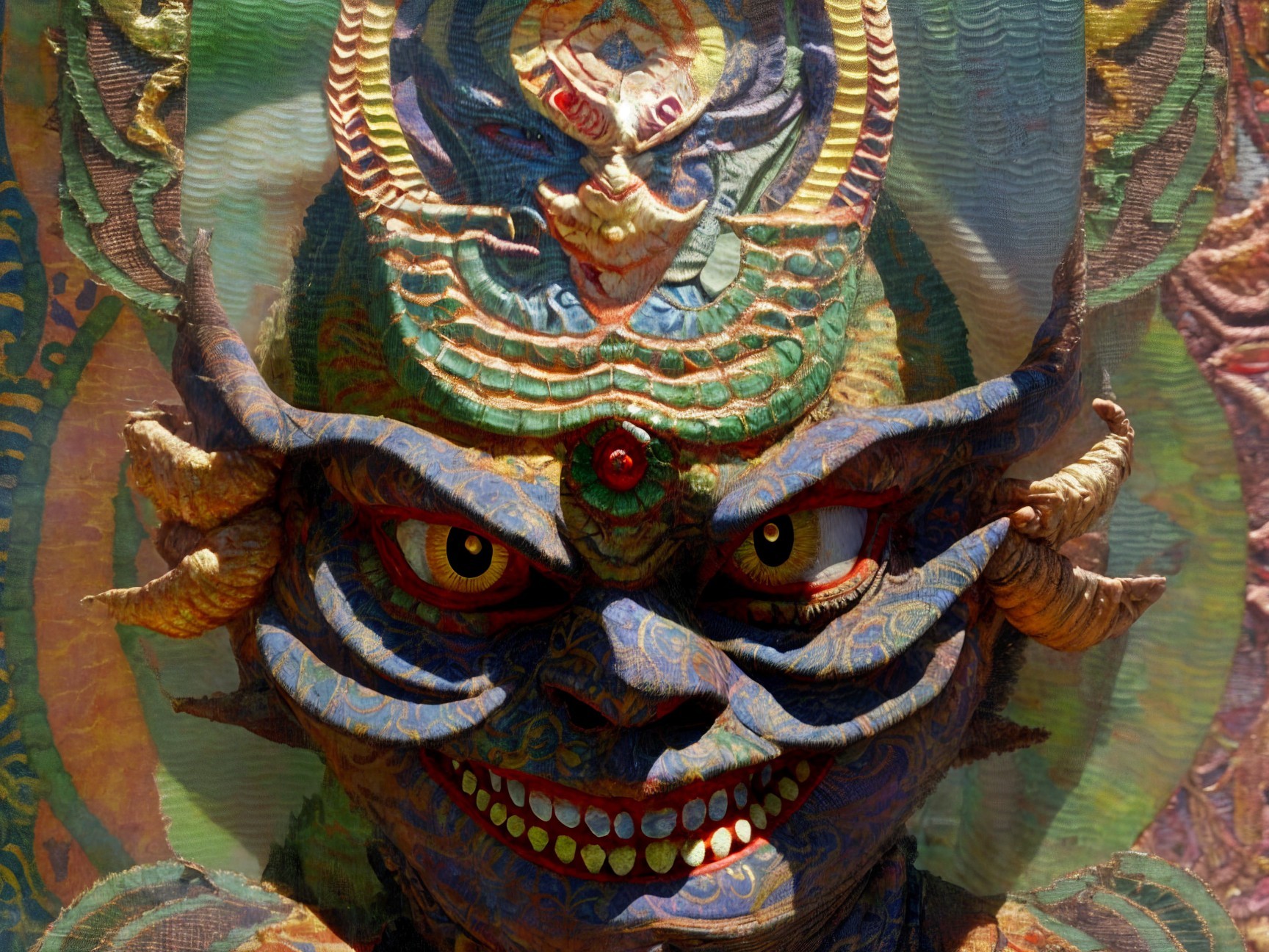 Vibrant Mask of a Fierce Deity with Intricate Details