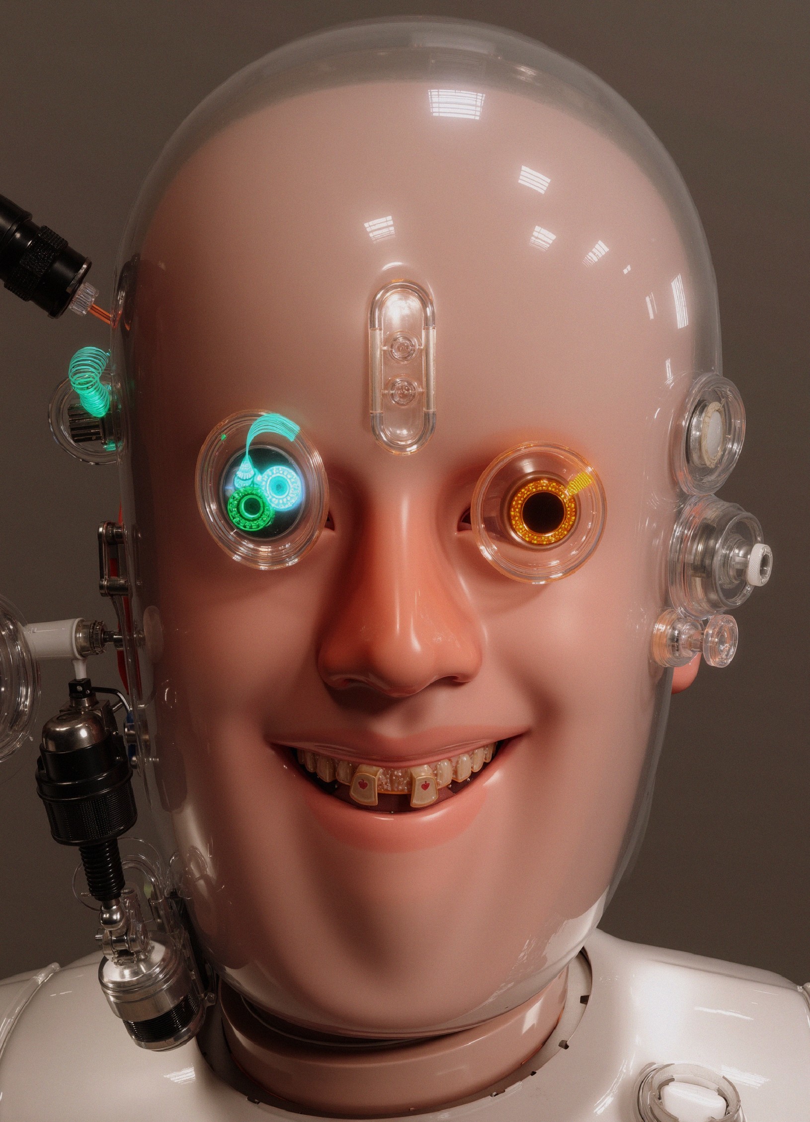 Humanoid Robot with Colorful Eyes and Metallic Smile