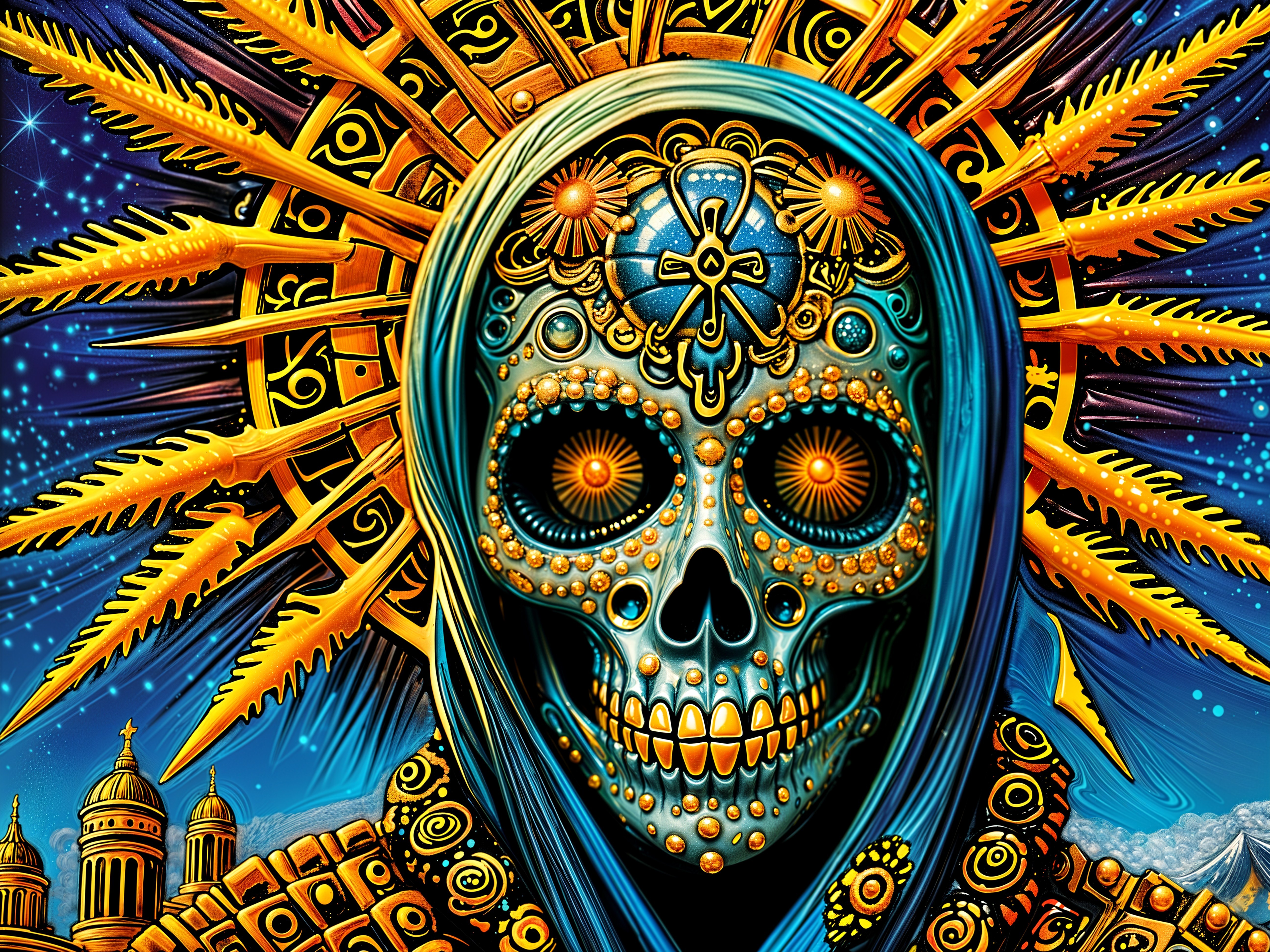 Vibrant Skull Design with Celestial Background Elements
