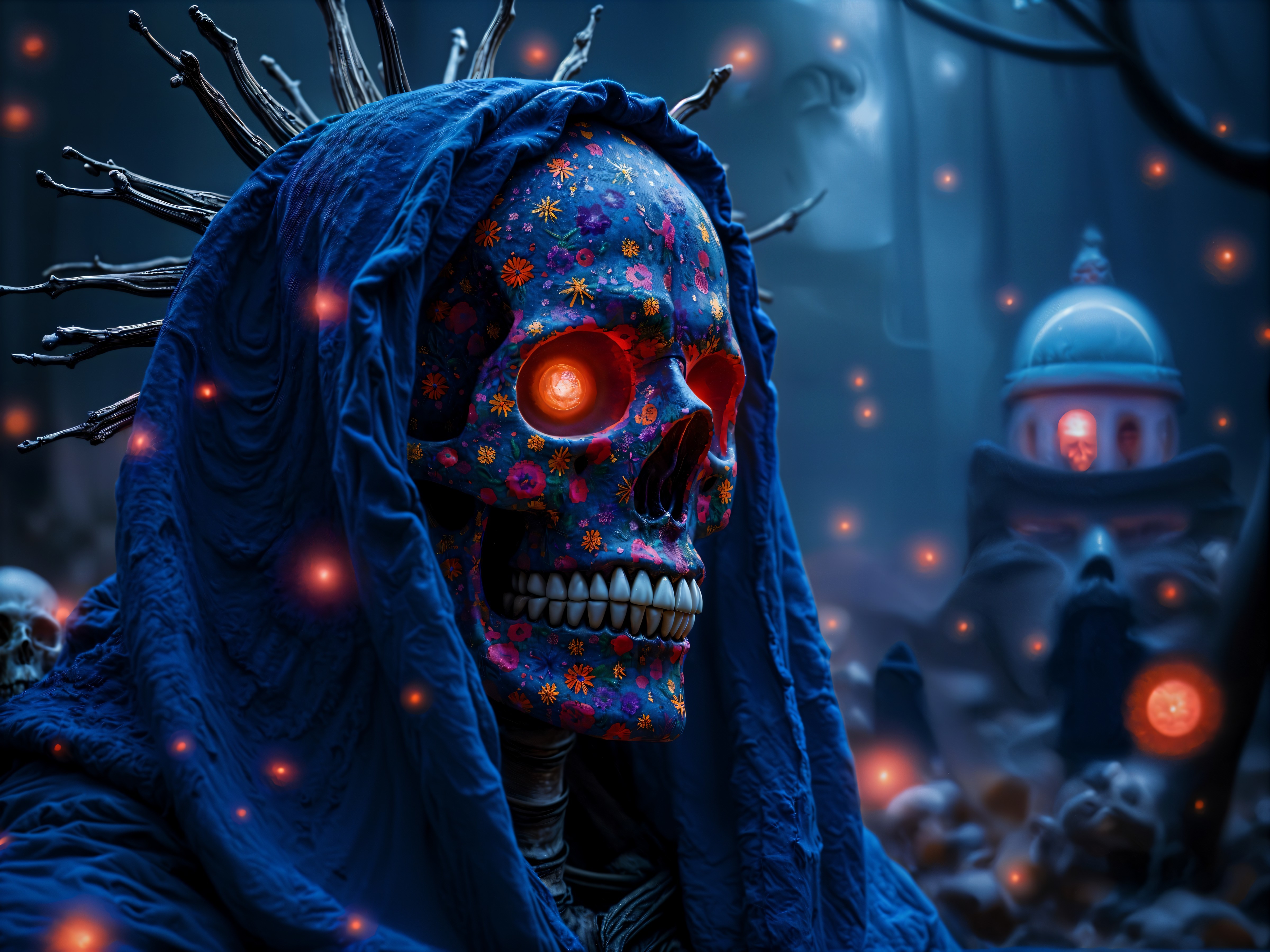 Colorful Skull in Mystical Forest with Eerie Glow