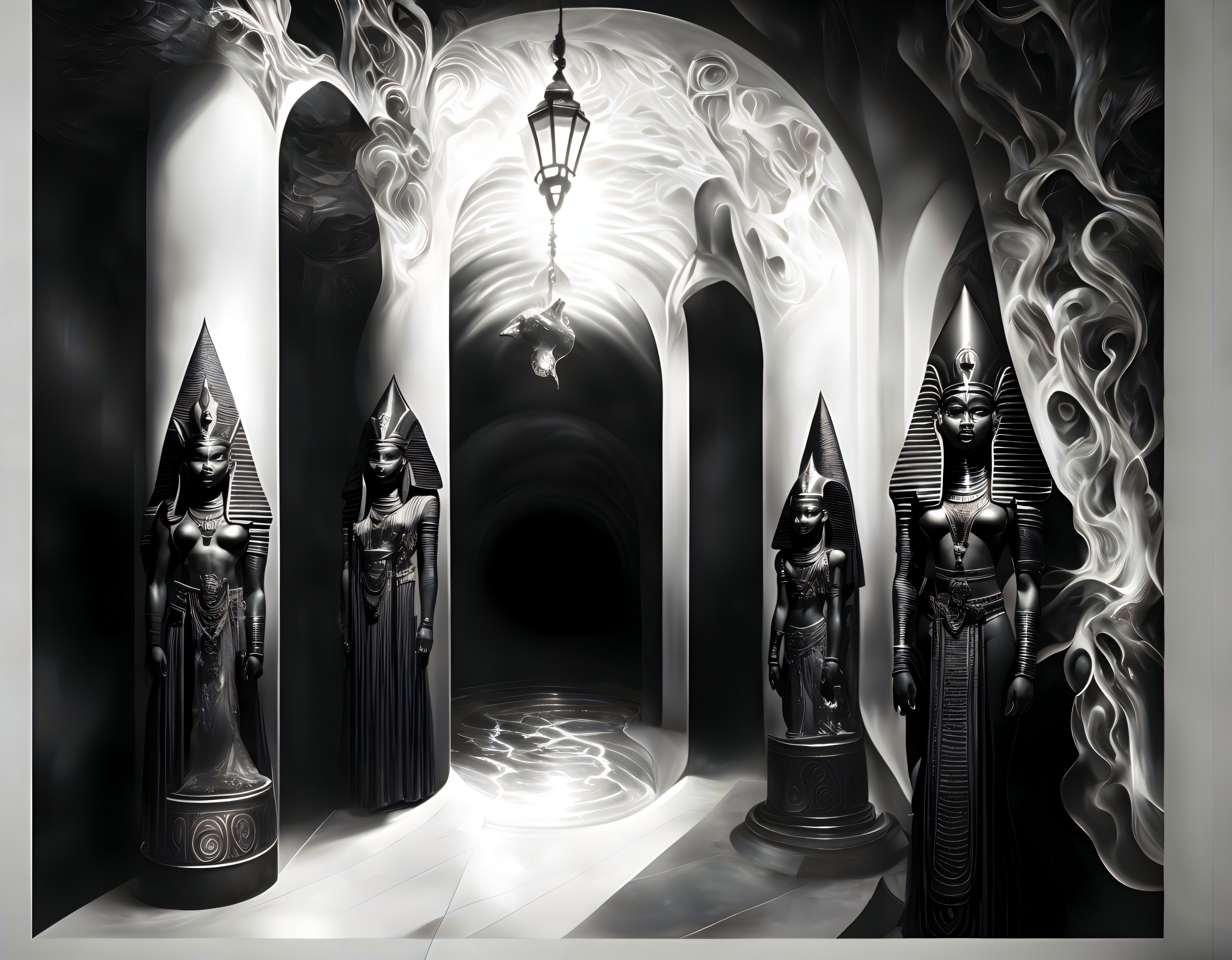 Black-and-White Statues of Ancient Goddesses in Corridor