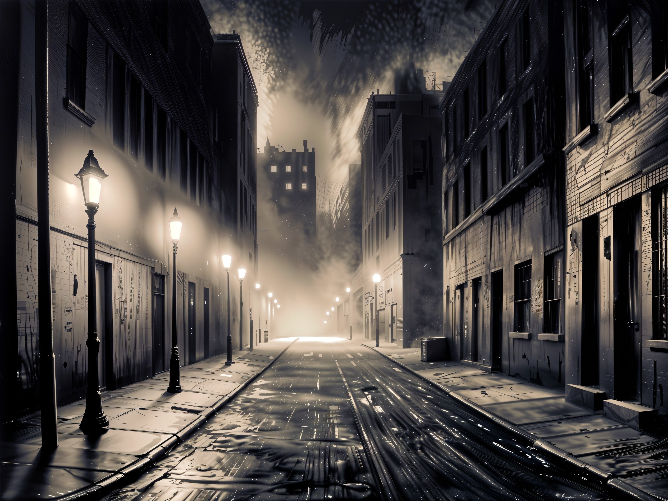 Deserted Night Street with Vintage Lampposts and Clouds