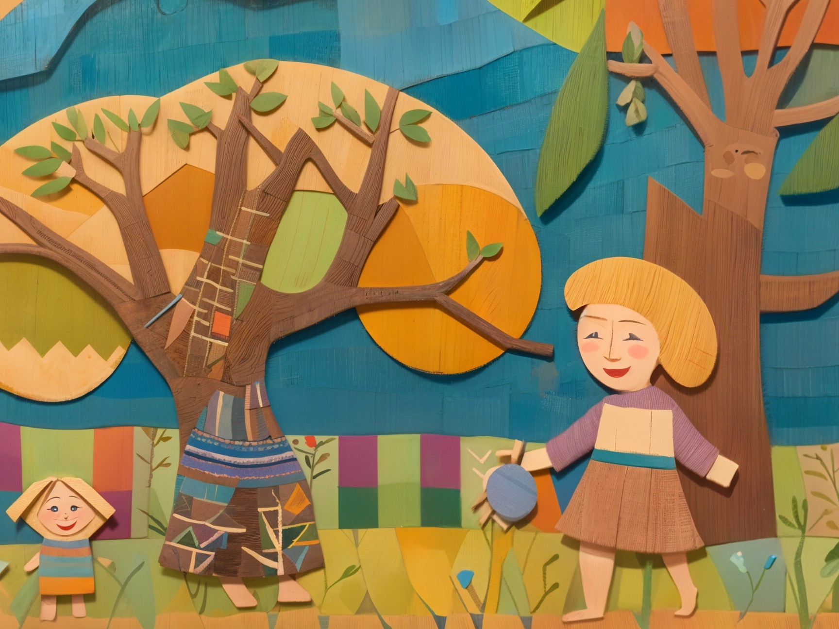 Colorful Collage of Figures and Whimsical Nature Scene