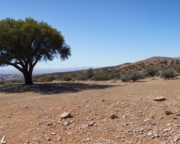Solitary tree in arid landscape under blue sky