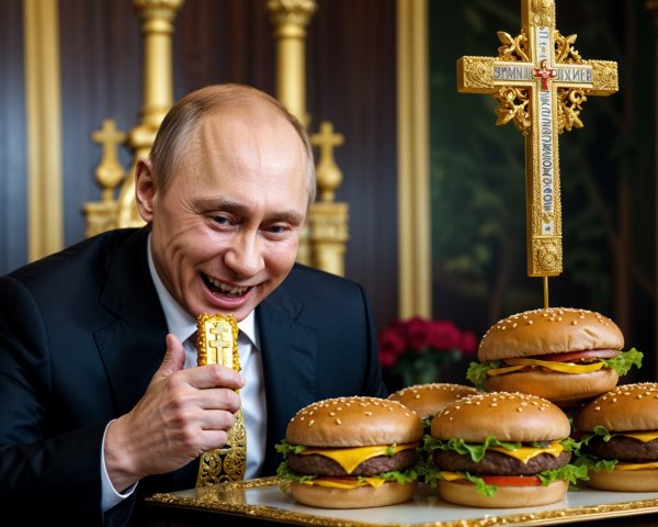 Man in Suit with Gold Object and Burger Platter