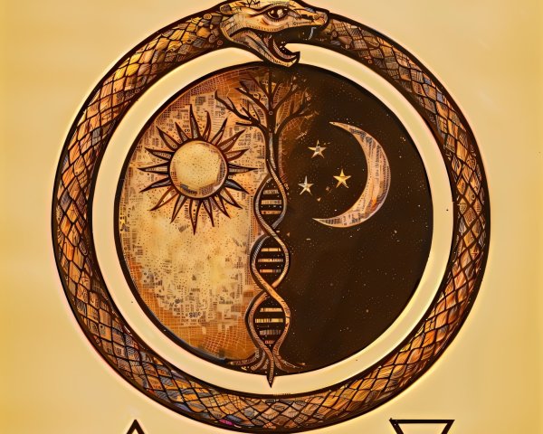 Stylized Ouroboros with Sun and Moon Imagery