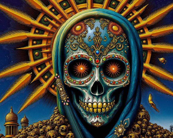Colorful Skull Design with Nature and Architecture Elements